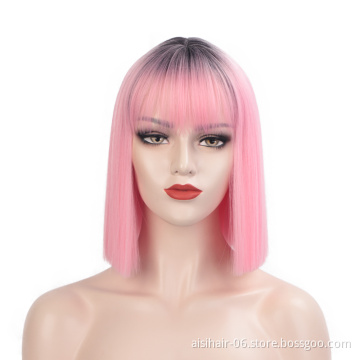 Ombre Black Pink Good Quality High Temperature Pre Plucked Wholesale Afro Short Bob Natural Good Quality Synthetic Wig